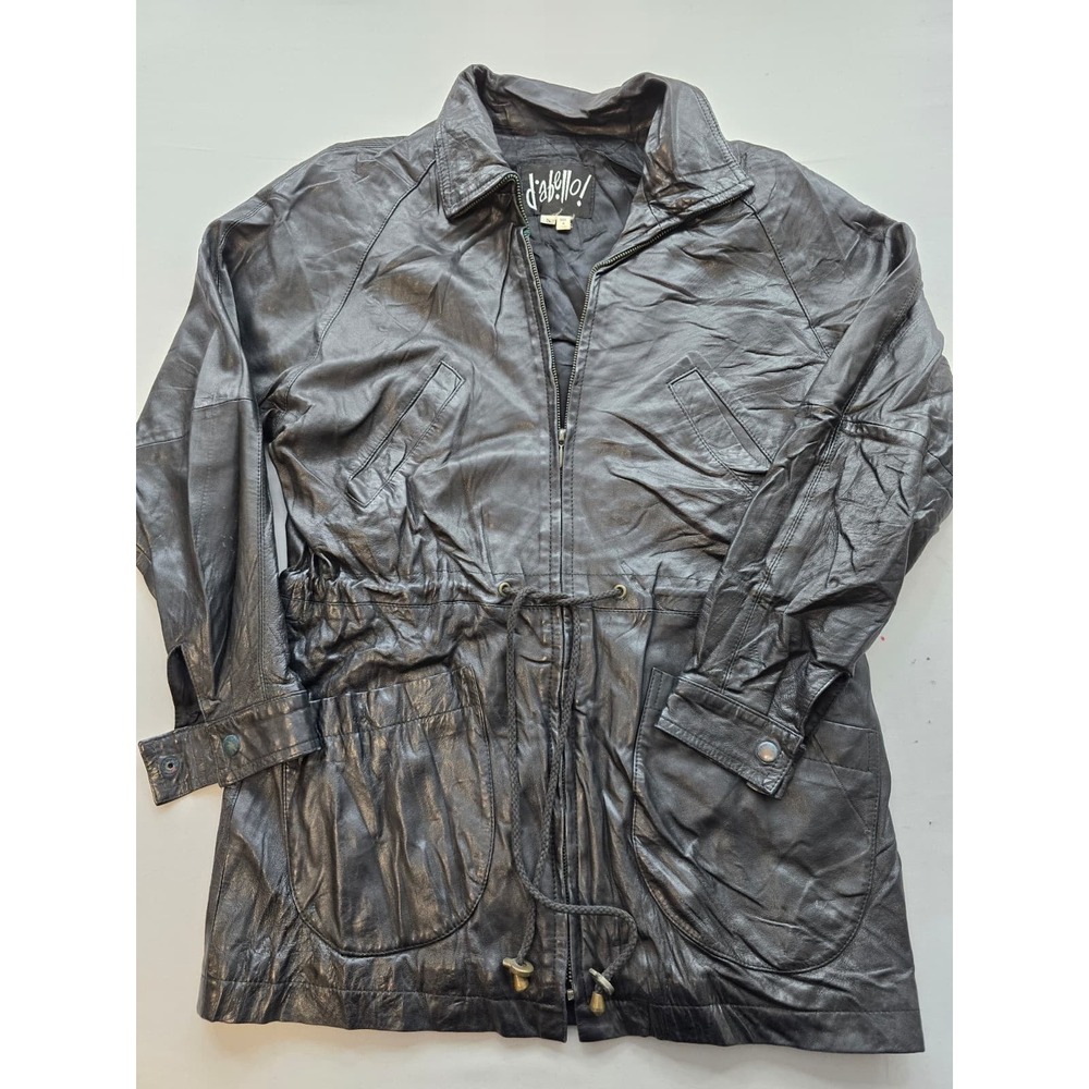 Vintage d'abello! Black Leather Drawstring Waist Jacket Womens Small Long Coat